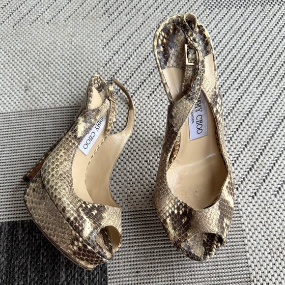 Jimmy Choo Brown Glitter Effect Python Peep Toe Slingback  JIMMY CHOO Women\'s Snakeskin-Effect Peep-Toe Platform Heels 36.5 Brown/Gold